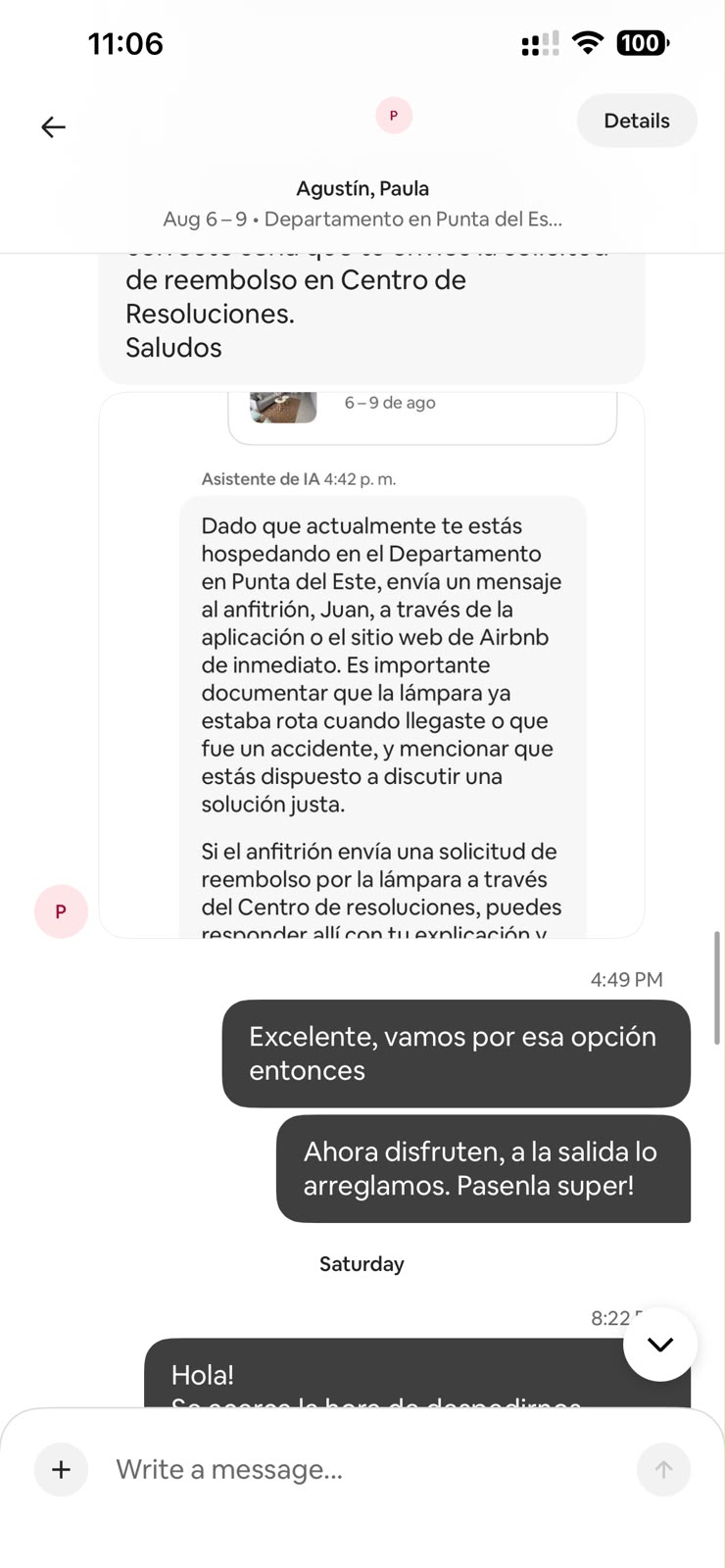 Conversación sobre solicitar un reembolso en Airbnb