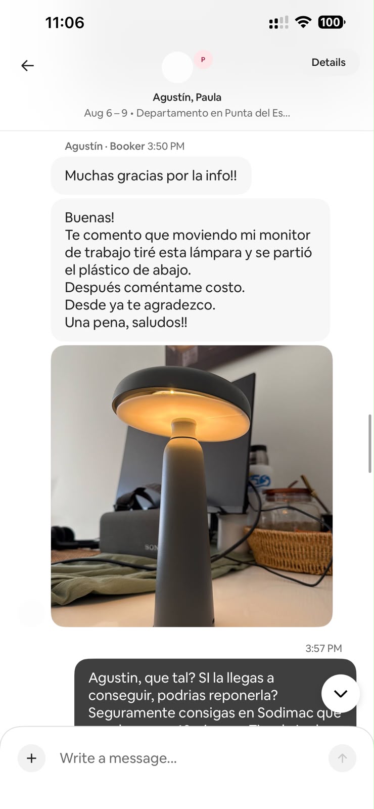 Conversación donde se informa la rotura de una lámpara